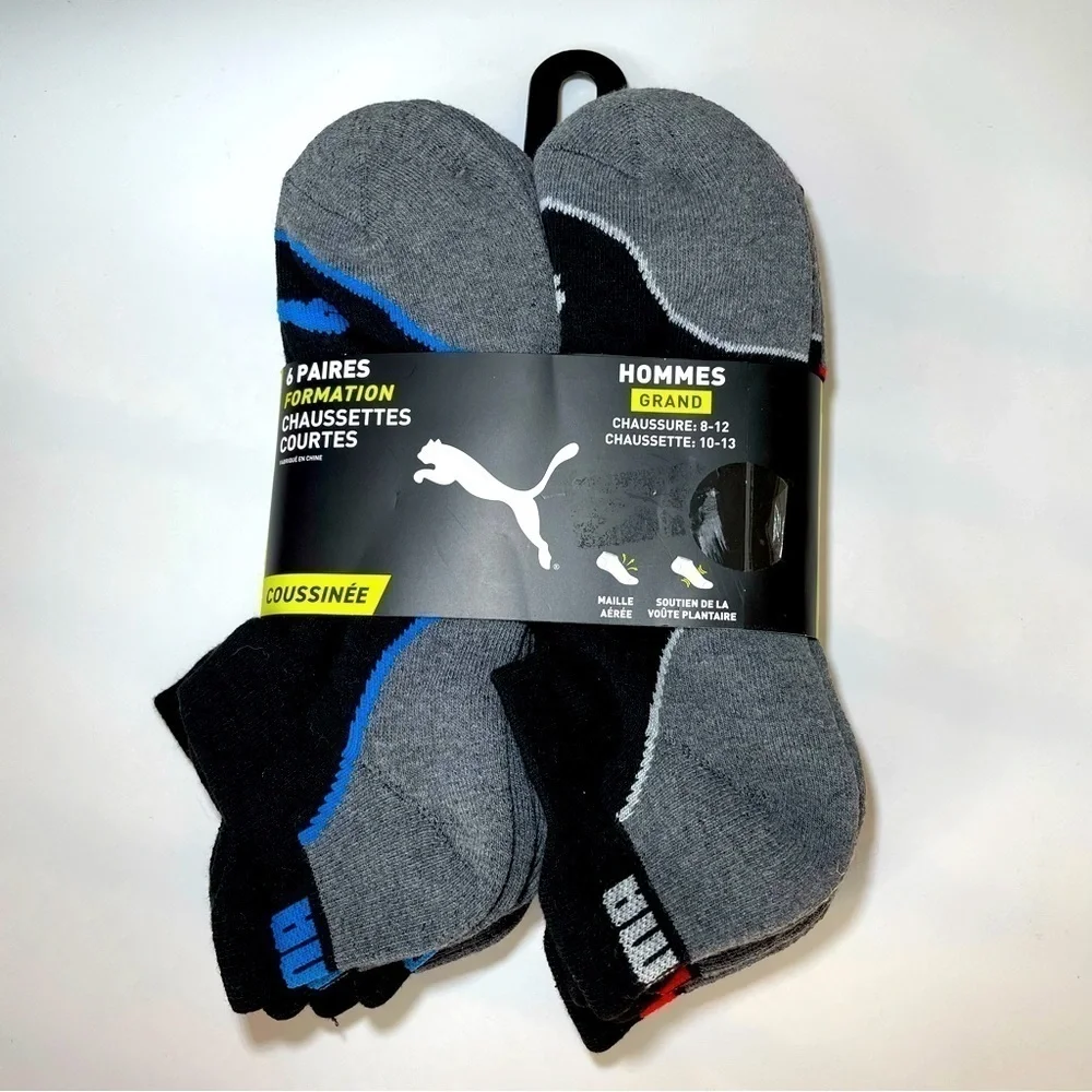 Puma men’s low cut socks 6 pack size 8-12 gray black red